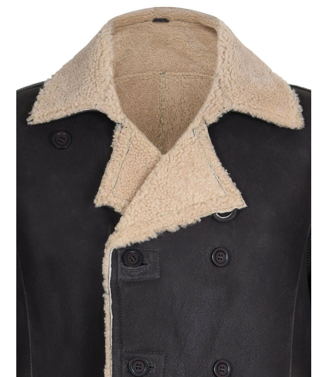 Mens Double Breasted Shearling Sheepskin Pea Coat-Valencia - Olive Green