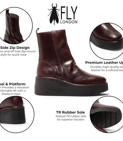Fly London Women’s Wine Leather Wedge Heel Platform Ankle Boots - HEIJ272