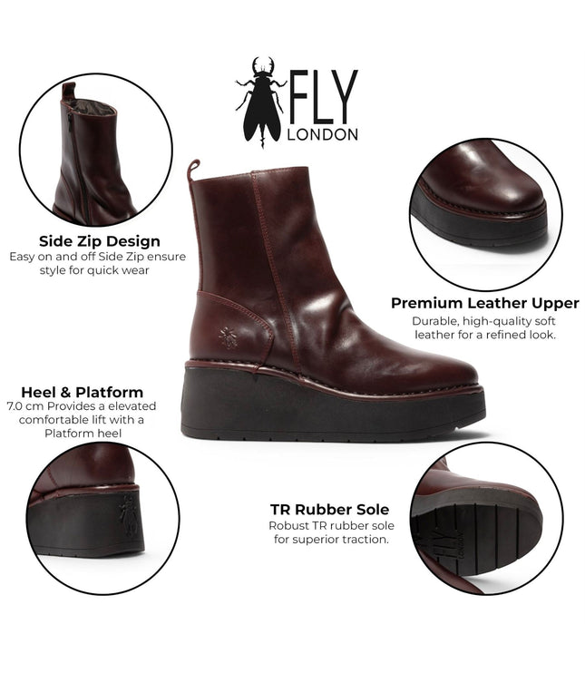 Fly London Women’s Wine Leather Wedge Heel Platform Ankle Boots - HEIJ272