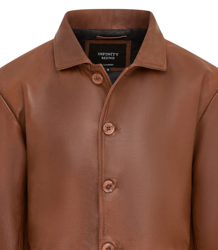 Men's Tan Leather Long Collared Car Coat Jacket - Berry