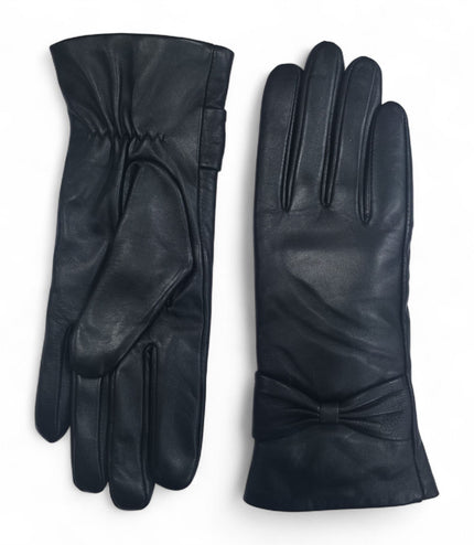 Womens Black Italian Leather Winter Bow Design Soft Wool Lining Gloves - L-GLV-401