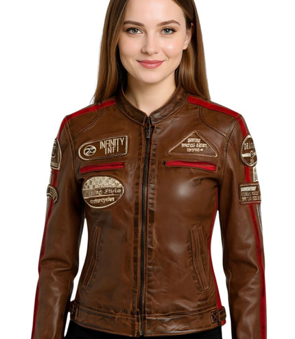 Womens Biker Racing Badges Leather Jacket-Eastleigh - Fuschia