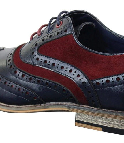 Mens Classic Burgundy Suede Oxford Brogue Shoes In Navy Leather