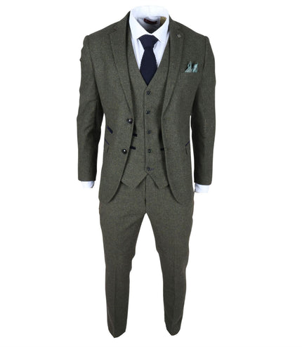 Men's Olive Green Wool Blend Tweed Formal Suit
