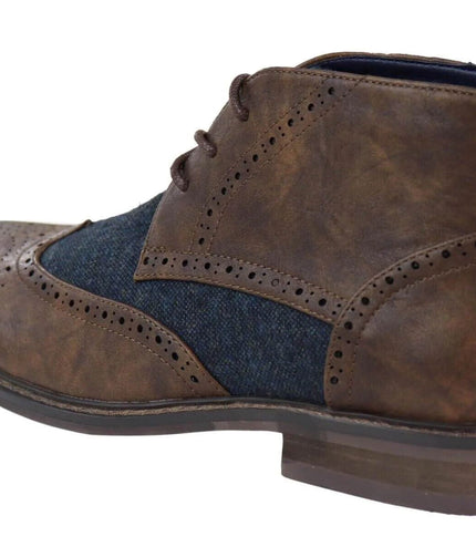 Mens Classic Tweed Oxford Brogue Ankle Boots In Brown Leather