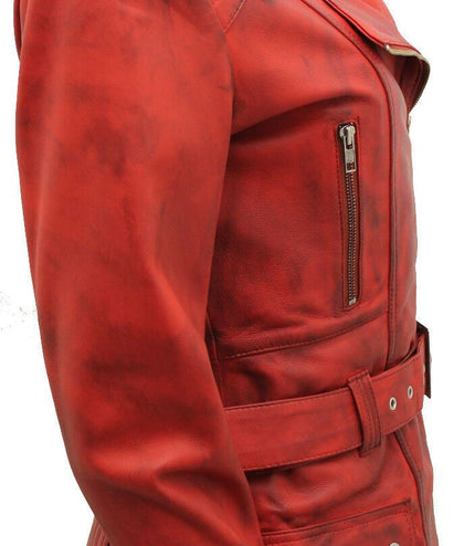 Womens Long Leather Biker Jacket-Quito - Red