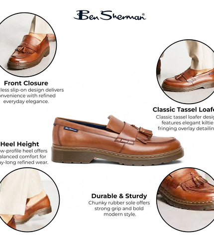 Ben Sherman Men's Tan Brown Leather Tassel Loafer Shoes - Dudley