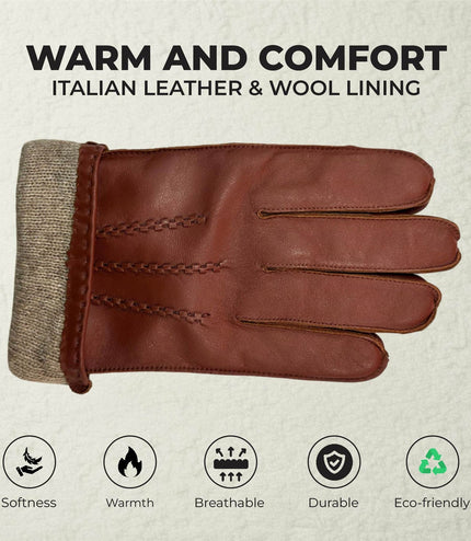 Men's Chestnut Brown Italian Leather Warm Wool Lining Winter Stich Design Gloves - M-LGV-205