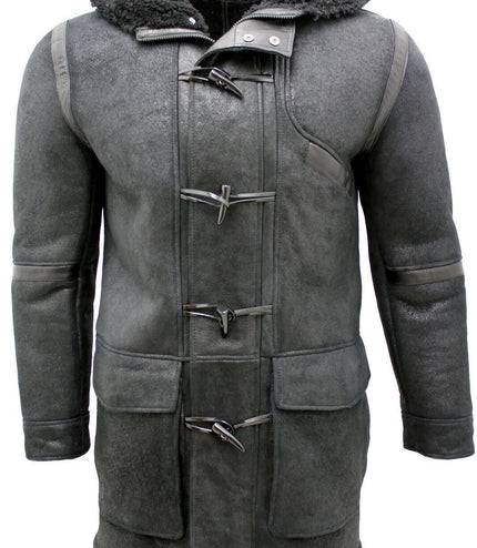 Mens Winter Sheepskin Leather Hooded Duffle Coat-Montpellier