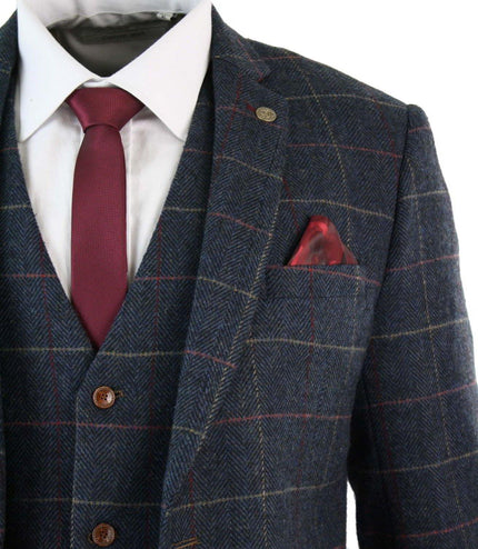 Mens 3 Piece Navy Blue Herringbone Check Vintage Suit