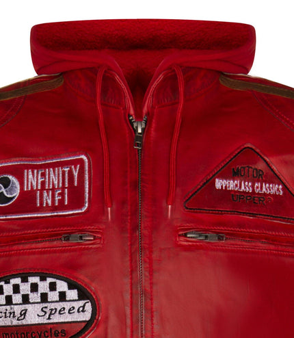 Mens Racing Hooded Leather Biker Jacket-Detroit - Red