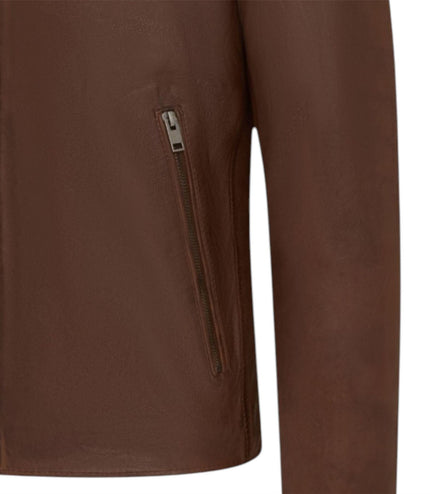 Mens Leather Brown Stand Collar Cafe Racer Biker Jacket - E184