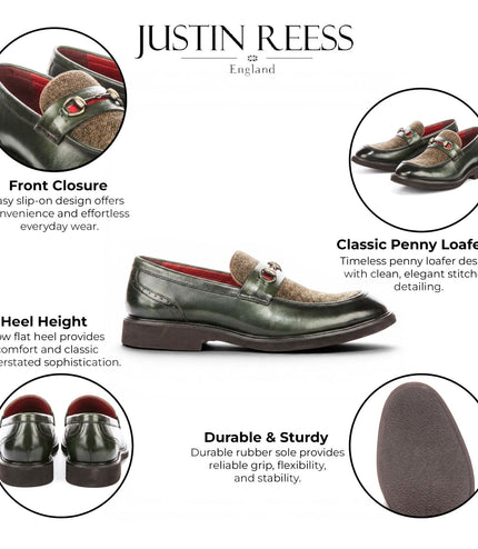 Justin Reess Men's Green Leather Herringbone Tweed Loafer Shoes - Tristian