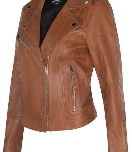 Womens Leather Classic Biker Brando Jacket-Baku - Tan