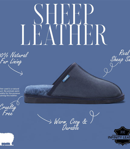 Men's Genuine Sheepskin Navy Suede Mule Winter Warm Non-Slip - Highland