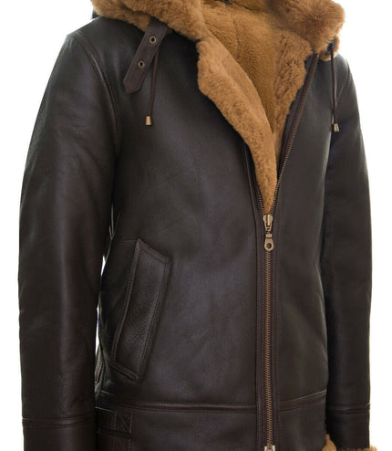 Mens Hooded Sheepskin Leather B3 Flying Jacket-Columbus - Brown Ginger