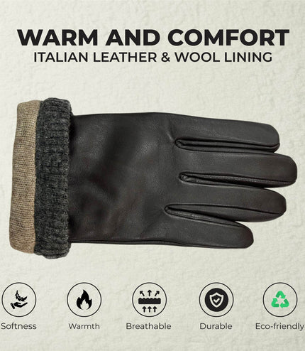 Men's Brown Italian Leather Warm Wool Lining Winter Knit Rib Gloves - M-LGV-105