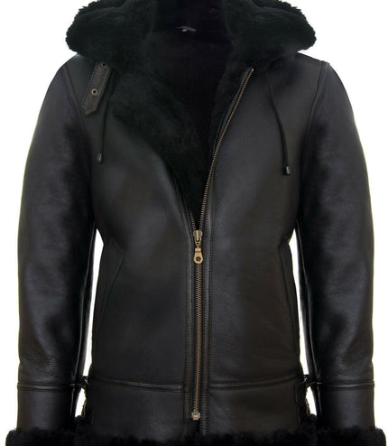 Mens Hooded Sheepskin Leather B3 Flying Jacket-Columbus - Black