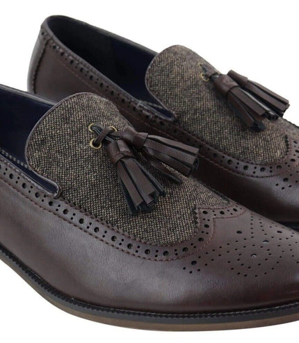 Mens Tasselled Brown Leather Tweed Brogue Slip On Loafers