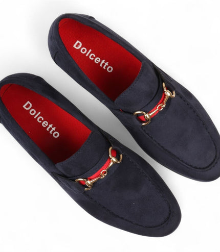 Men's Navy Suede Loafers with Gold Buckle Slip-On Dress Shoes