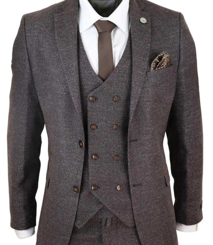 Mens Brown Wool 3 Piece Suit Double Breasted Tweed Peaky Blinders 1920
