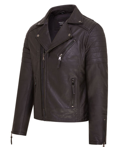 Mens Slim Fit Brando Style Double Cross Zip 100% Leather Biker Jacket - Black
