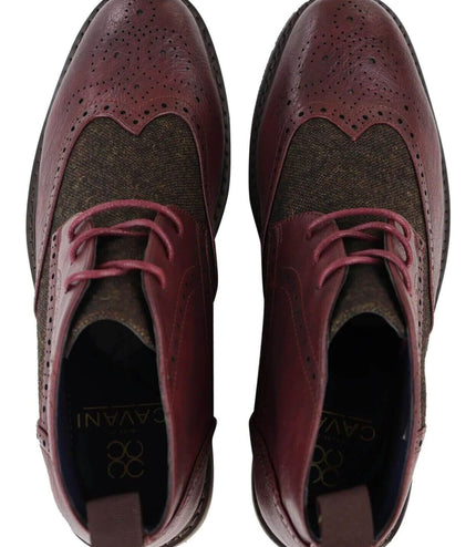 Mens Classic Tweed Oxford Brogue Ankle Boots In Wine Leather