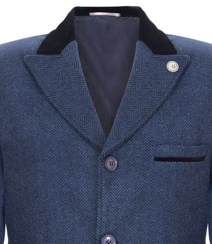 Mens 3/4 Long Navy Overcoat Jacket Herringbone Tweed Coat Peaky Blinder