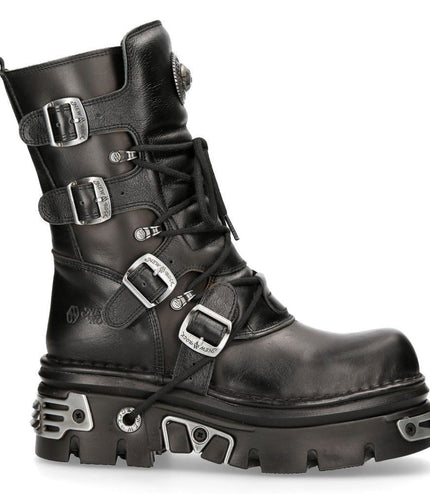 New Rock Unisex Black Leather Gothic Mid-Calf Boots - 373-S4