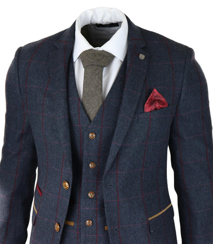 Mens Herringbone Tweed Suit 3 Piece Navy Blue Peaky Blinders 1920s Tailored Fit