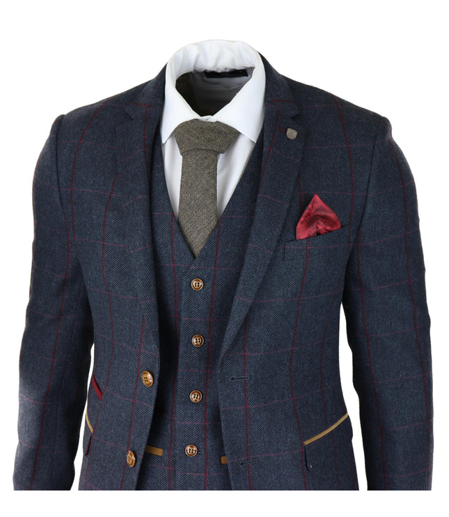 Mens Herringbone Tweed Suit 3 Piece Navy Blue Peaky Blinders 1920s Tailored Fit