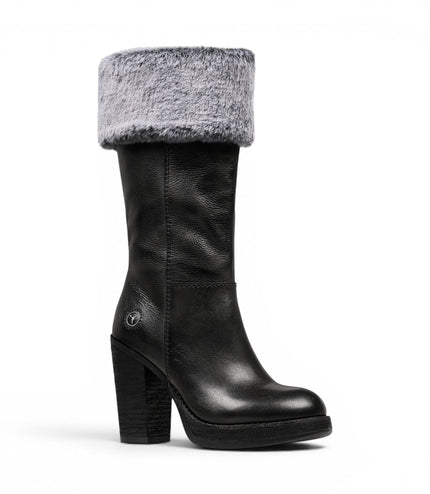 Windsorsmith Womens Mid Calf Black Leather High Heel Fur Boots - Lovestruck
