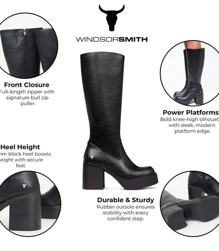Windsorsmith Womens Black Faux Leather Knee-High Platform Heel Boots - Niche
