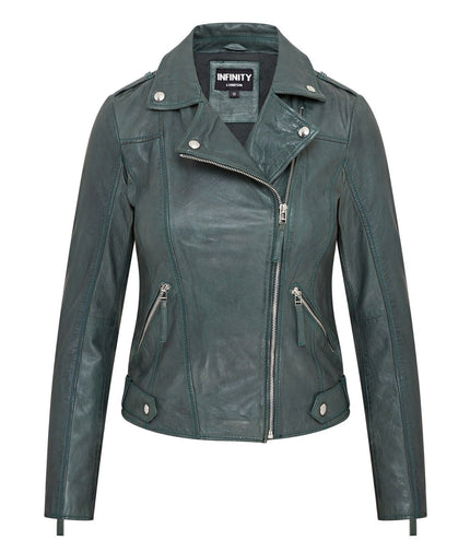 Womens Green Biker Leather Jacket - Denver