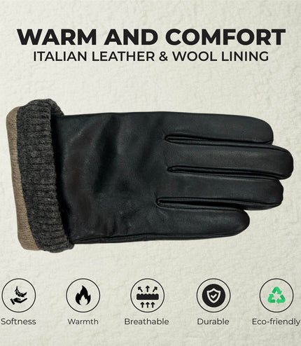 Men's Black Italian Leather Warm Wool Lining Winter Knit Rib Gloves - M-LGV-105