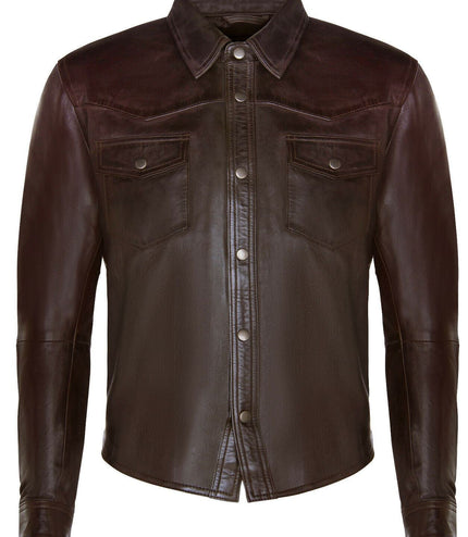 Mens Retro Leather Shirt Jeans Jacket-Beijing - Brown