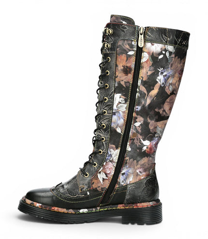 Laura Vita Women's Maroon Gothic Victorian Floral Black Leather Knee-High Lace-Up Boots - Incaso-50