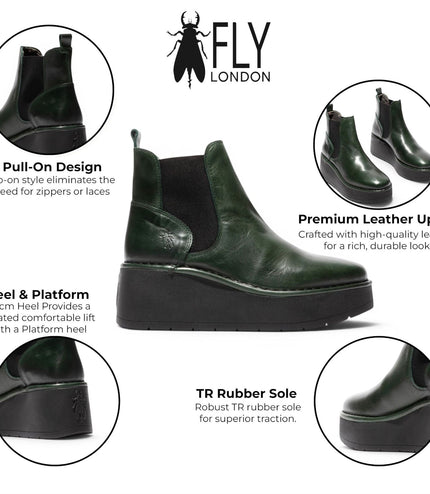 Fly London Womens Green Leather Chelsea Ankle Platform Boots - HELY268
