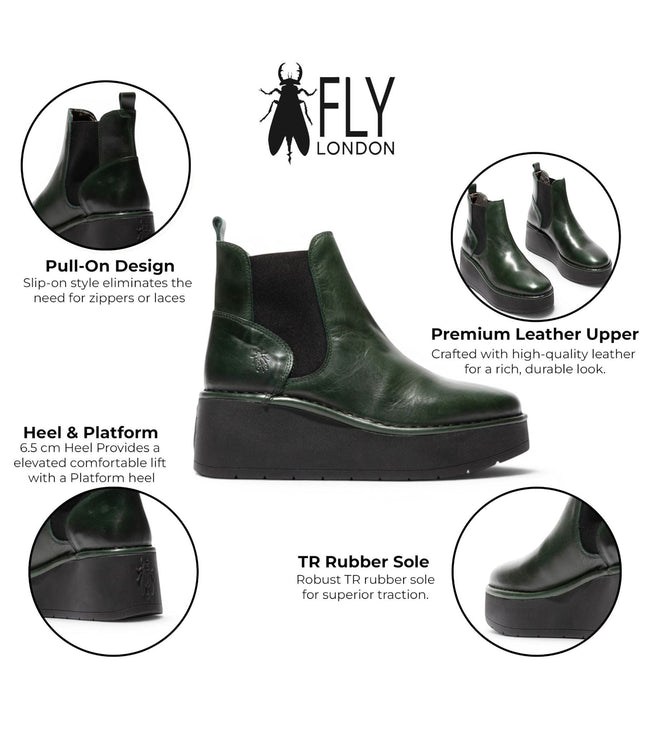 Fly London Womens Green Leather Chelsea Ankle Platform Boots - HELY268