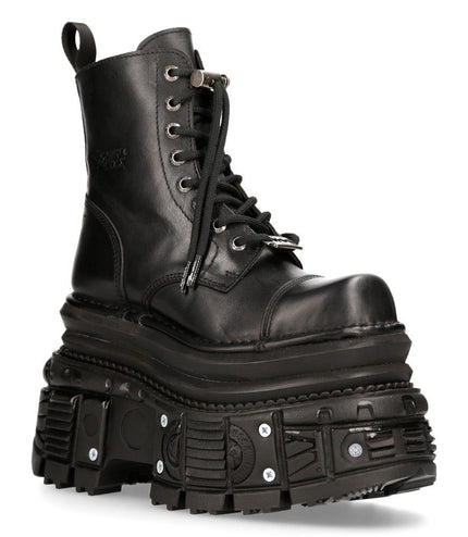 New Rock Metallic Black Leather Military Boots - M-MILI083CCT