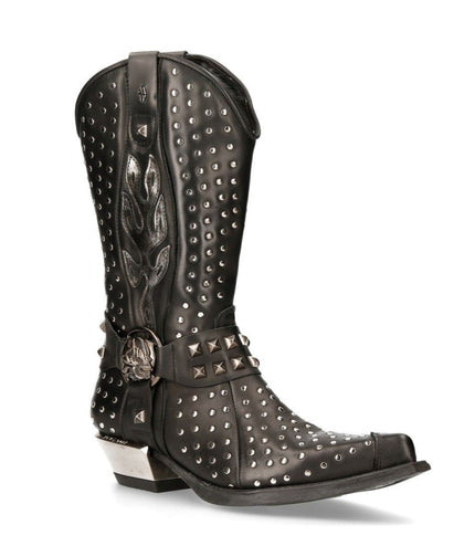 New Rock Black Leather Studded Cowboy Boots- M-7928-S1