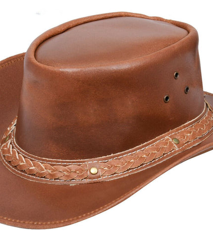 Australian Tan Western Style Cowboy Outback Real Leather Aussie Bush Hat
