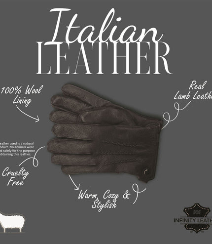Men's Black Italian Leather Warm Wool-Lined Winter Gloves - M-LGV-505