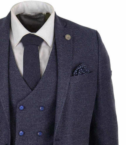 Mens Blue Wool 3 Piece Suit Double Breasted Waistcoat Tweed Peaky Blinders 1920s