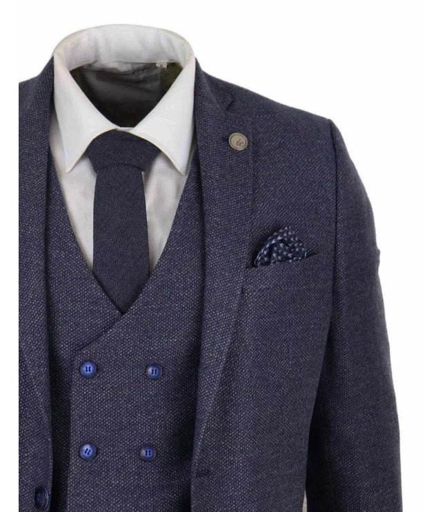 Mens Blue Wool 3 Piece Suit Double Breasted Waistcoat Tweed Peaky Blinders 1920s