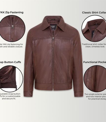Mens Retro 100% Nappa Leather Harington Biker Jacket - Brown