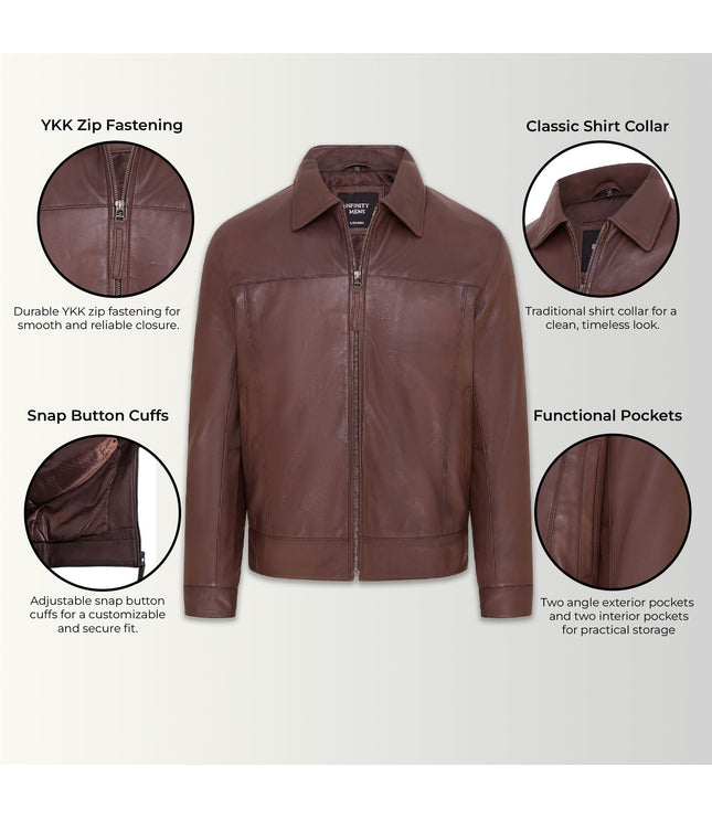 Mens Retro 100% Nappa Leather Harington Biker Jacket - Brown
