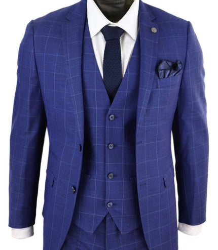 Mens 3 Piece Royal Blue Check Vintage Retro Suit