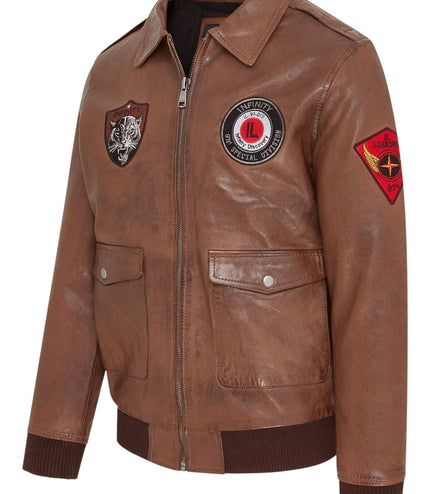 Men's Tan Brown Leather Bomber G-1 Aviator Collar Jacket  - Maverick