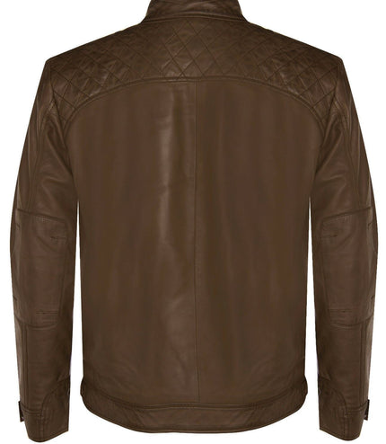 Men's Vintage Leather Quilted Biker Jacket-Monaco - Vintage Brown